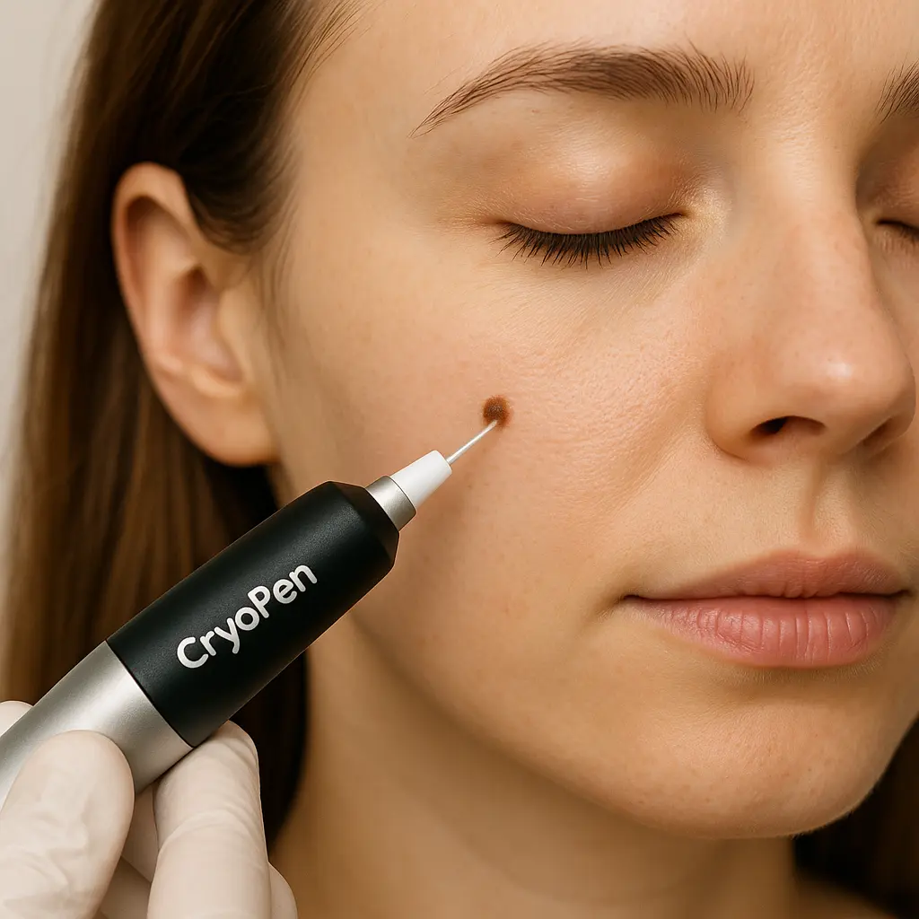 woman receiving facial mole removal Sale using cryopen
